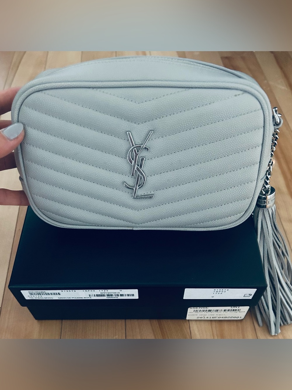 Saint Laurent Small Quilted Camera Bag in Pale Gray with Silver Hardware